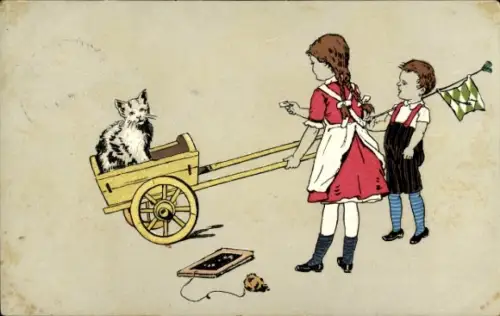 Ak Kinder, Schubkarre, Katze