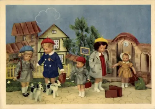 Ak Ansicht von Käthe Kruse Puppen in der Stadt, Hunde, Koffer, Hüte, Jacken
