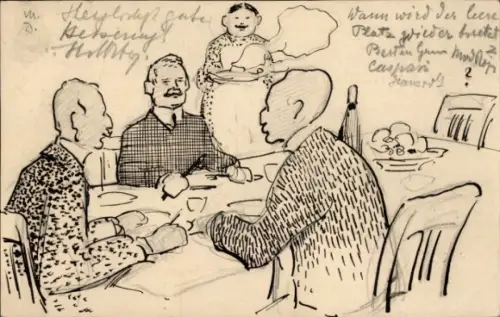 Handgemalt Ganzsachen Ak Männer am Tisch, Frau kommt mit Essen