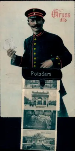 Leporello Ak Potsdam, Briefträger, Schloss Sanssouci, Brandenburger Tor