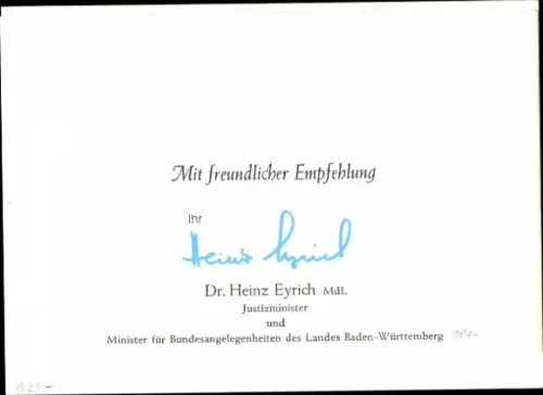 Autogrammkarte Politiker Dr. Heinz Eyrich, Portrait, Autogramm
