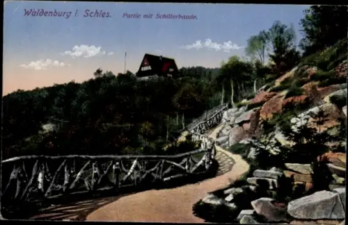 Ak Wałbrzych Waldenburg Schlesien, Waldenburg i. Schles, Partie mit Schillerbaude, Weg, Felsen, B