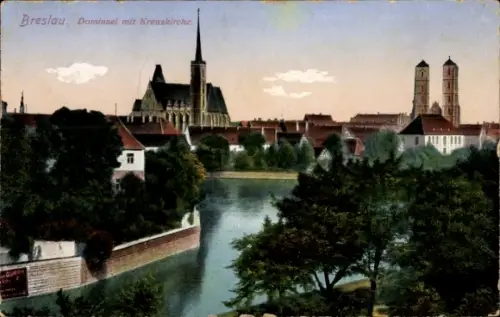 Ak Wrocław Breslau Schlesien, Dominsel mit Kreuzkirche, Domtürme