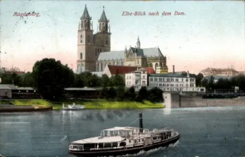 Ak Magdeburg an der Elbe, Elbe mit Blick auf den Dom, Dampfschiff auf dem Wasser, Gebäude am Ufer