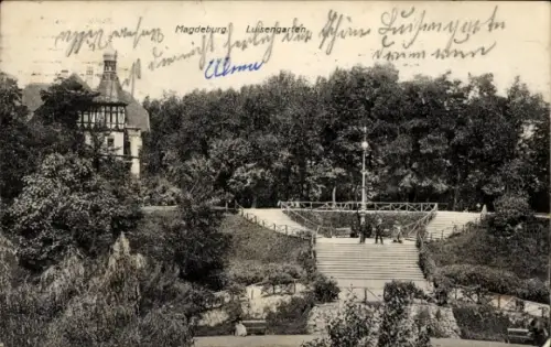 Ak Magdeburg an der Elbe,  Luisenpark, Treppenanlage, Menschen, Bäume