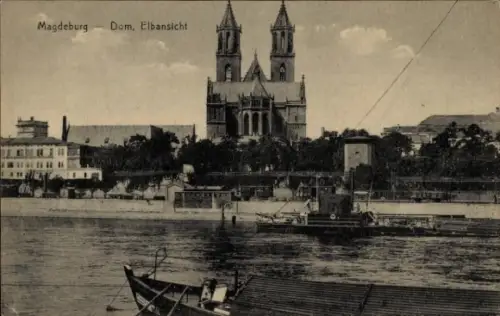 Ak Magdeburg an der Elbe, Magdeburg Dom, Elbansicht, Flussansicht, Boote im Vordergrund