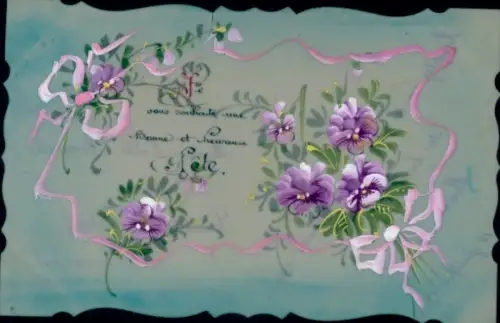 Zelluloid Ak Kitsch, Blumen, Schleife