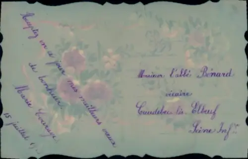 Zelluloid Ak Kitsch, Blumen, Schleife