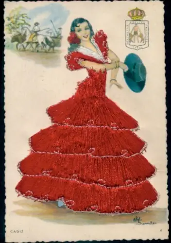 Seidenstick Künstler Ak Cadiz, Frau in rotem Kleid, Spanische Tracht