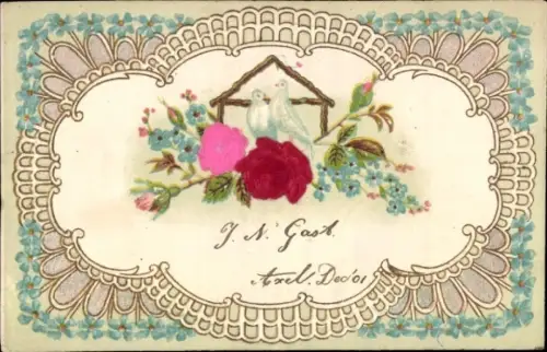 Präge Material Ak Blumen, Tauben, Vergissmeinnicht