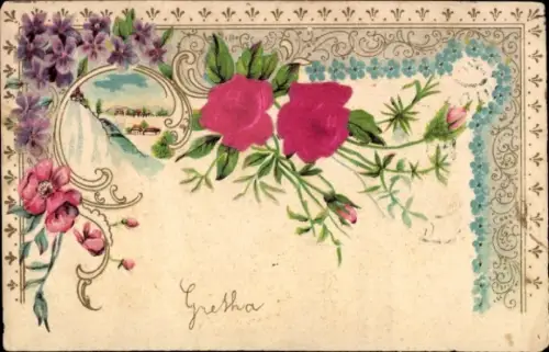Präge Material Ak Blumen, Rosen, Vergissmeinnicht