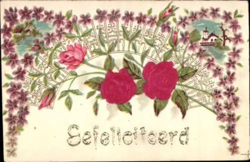 Präge Material Ak Blumen, Rosen, Kitsch