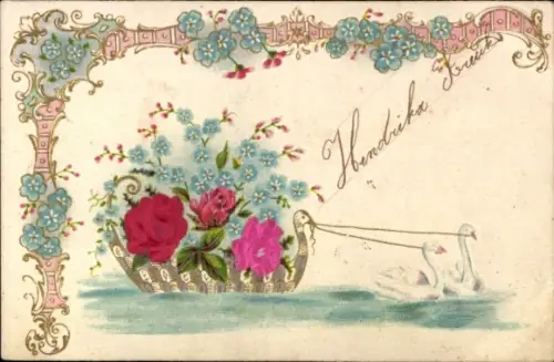 Präge Material Ak Blumen, Schwäne, Vergissmeinnicht