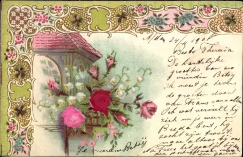 Präge Material Ak Blumen, Maiglöckchen, Rosen