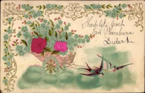 Präge Material Ak Blumen, Vergissmeinnicht, Schwalbe