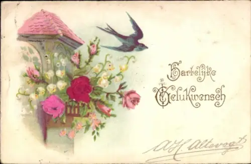 Präge Material Ak Glückwunsch, Schwalbe, Blumen