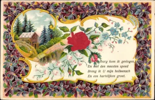 Präge Material Ak Blumen, Rose, Vergissmeinnicht, Veilchen