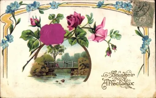 Präge Material Ak Blumen, Rosen, Brücke, Souvenir