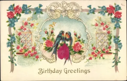 Präge Material Ak Glückwunsch, Blumen, Schwalben