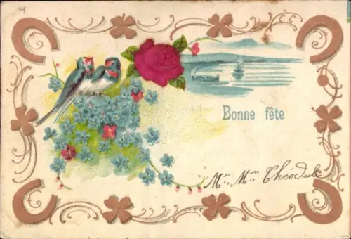 Präge Material Ak Glückwunsch, Hufeisen, Glücksklee, Schwalben