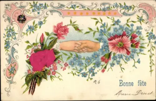 Präge Material Ak Glückwunsch, Blumen, Männliche und weibliche Hand