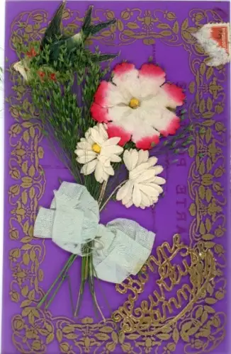 Zelluloid Ak Glückwunsch Neujahr, Schwalbe, Echte Pflanze, Stoffschleife