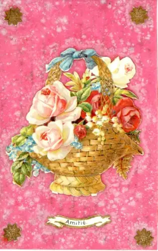 Zelluloid Ak Kitsch, Blumenkorb, Rosen