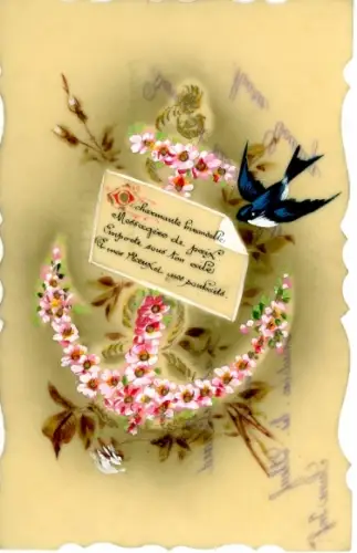 Zelluloid Ak Kitsch, Schwalbe, Anker aus Blumen