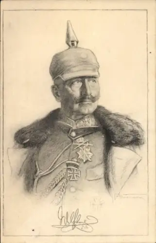 Künstler Ak Kaiser Wilhelm II., Portrait in Uniform, Pickelhaube, Mantel, Orden, Frauenhülfe