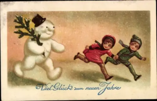 Ak Fröhliches Neujahr, Kinder und laufender Schneemann