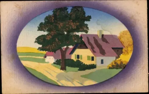 Handgemalt Ak Bauernhaus, Dorfmotiv