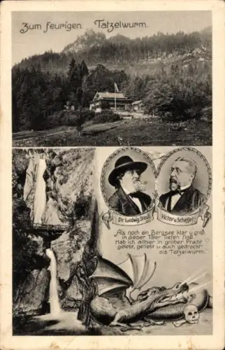 Ak Oberaudorf Kr. Rosenheim Oberbayern, zum feurigen Tatzelwurm, Dr. Ludwig Steub, Victor Scheffel