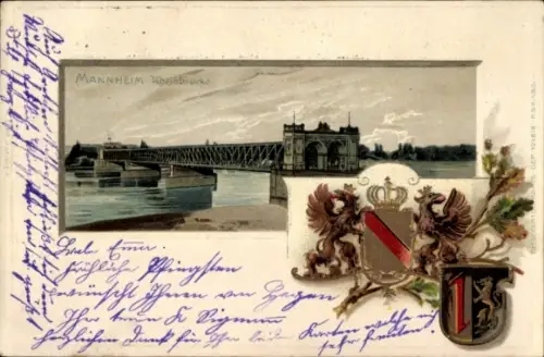 Präge Passepartout Wappen Litho Mannheim in Baden, Rheinbrücke