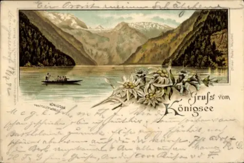 Litho Königsee Königssee Oberbayern, Gebirge, Edelweiß, Ruderpartie