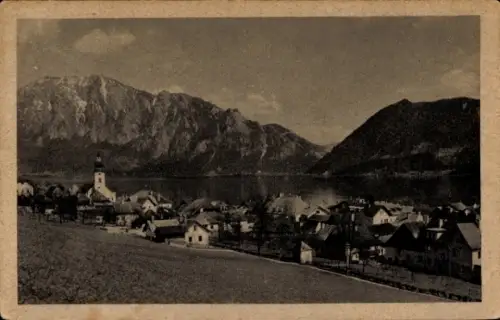 Ak Unterach am Attersee Oberösterreich, Berglandschaft, See, Kirche, Häuser, Salzkammergut, Unter