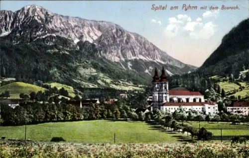 Ak Spital am Pyhrn in Oberösterreich, Berglandschaft,  Kirche, Bosruck