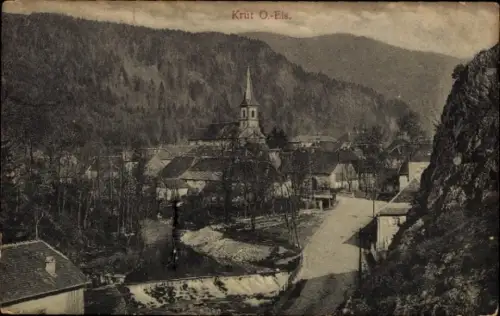 Ak Kruth Krüt Elsass Haut Rhin, Dorfansicht, Kirche, Berge, Fluss, Bäume