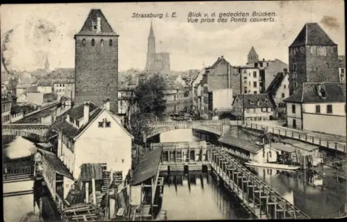 Ak Strasbourg Straßburg Elsass Bas Rhin, Blick von den gedeckten Brücken