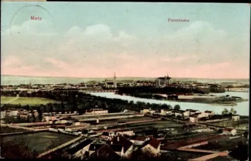 Ak Metz Moselle, Panoramablick auf  Fluss, Gebäude, Landschaft