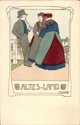 Jugendstil Litho Altes Land, Trachten