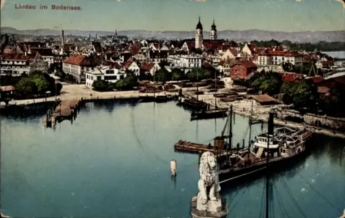 Ak Lindau im Bodensee, Bayerischer Löwe, Dampfer, Ort