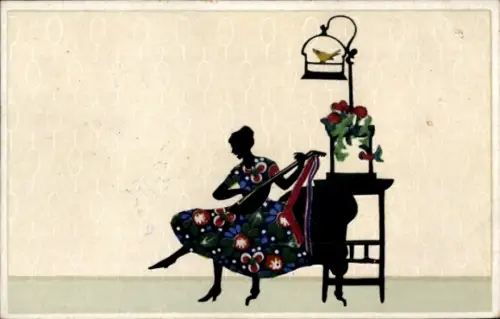 Scherenschnitt Ak Graf, Marte, Silhouette, bei der Laute