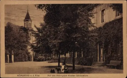 Ak Mühlberg an der Elbe,  Hof des Rittergutes Kloster Güldenstern, Bäume, Straße, zwei Personen