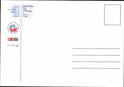 Autogrammkarte Fußballer Tim Sebastian, FC Hansa Rostock, Autogramm