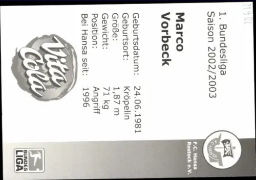 Autogrammkarte Fußballer Marco Vorbeck, FC Hansa Rostock, Autogramm