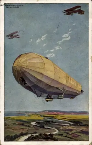 Künstler Ak Schulze, Hans Rudolf, Zeppelin Luftschiff Hansa im Kampf mit feindl. Fliegern, I WK