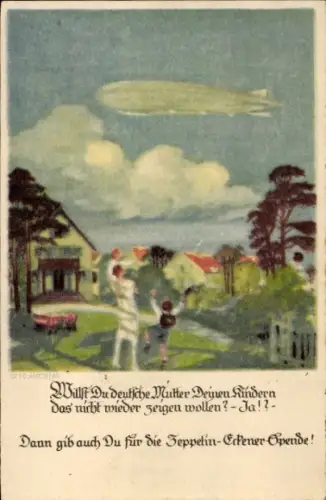 Künstler Ak Amtsberg, Otto, Deutsche Mutter zeigt Kindern Luftschiff, Zeppelin Eckener Spende