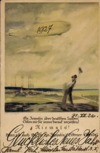 Künstler Ak Zeppelin über deutschen Landen, Bauer beim Aussäen