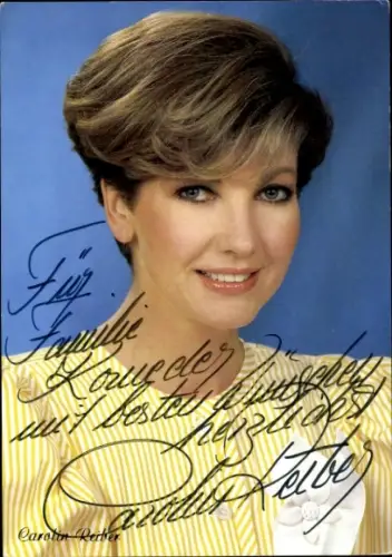 Autogrammkarte Fernsehmoderatorin Carolin Reiber, Portrait, Autogramm