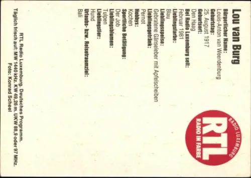 Autogrammkarte Radiomoderator Lou van Burg, Portrait, Autogramm